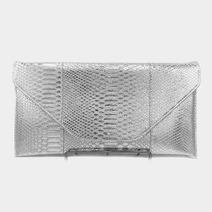 Metallic Silver Envelope Clutch Bag - Detachable Strap